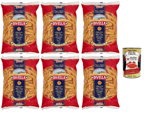 Italian Gourmet Kurze Pasta Divella Pasta 100% Italienisch Mezze penne rigate 42, Nudeln aus Hartweizengrieß, Kochen 11 Minuten 6x 500g + Italian Gourmet polpa 400g 8032804040014