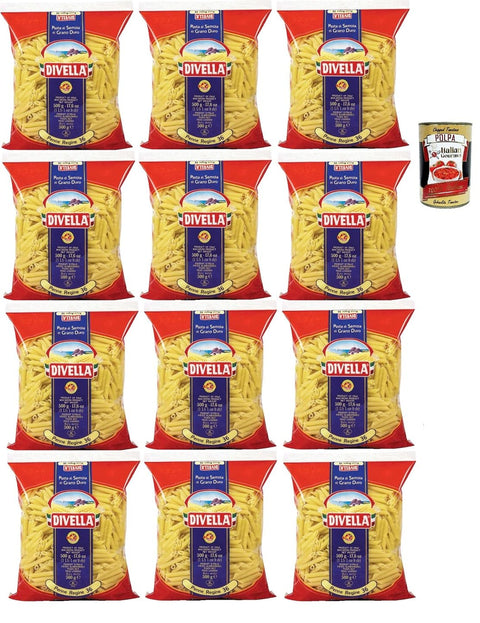 Italian Gourmet Kurze Pasta Divella Pasta 100% Italienisch Penna Regina 36, Nudeln aus Hartweizengrieß, Kochen 7 Minuten 12x 500g + Italian Gourmet polpa 400g 8032804040014