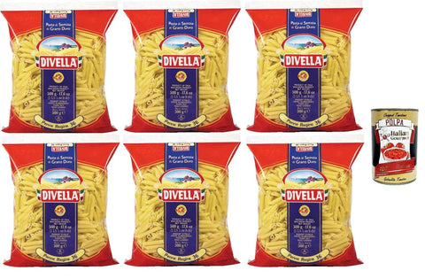 Italian Gourmet Kurze Pasta Divella Pasta 100% Italienisch Penna Regina 36, Nudeln aus Hartweizengrieß, Kochen 7 Minuten 6x 500g + Italian Gourmet polpa 400g 8032804040014