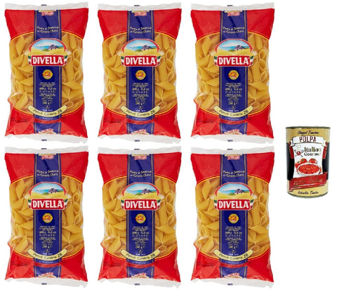 Italian Gourmet Kurze Pasta Divella Pasta 100% Italienisch Penne Candela 29, Nudeln aus Hartweizengrieß, Kochen 11 Minuten 6x 500g + Italian Gourmet polpa 400g 8032804040014