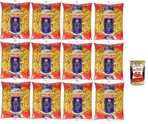 Italian Gourmet Kurze Pasta Divella Pasta 100% Italienisch Penne Mezzani 34, Nudeln aus Hartweizengrieß, Kochen 8 Minuten 12x 500g + Italian Gourmet polpa 400g 8032804040014