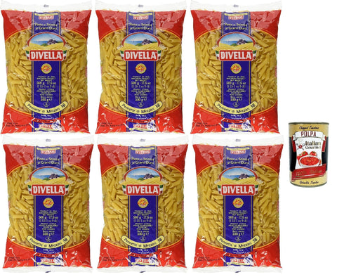 Italian Gourmet Kurze Pasta Divella Pasta 100% Italienisch Pennette di Mezzani 38, Nudeln aus Hartweizengrieß, Kochen 8 Minuten 6x 500g + Italian Gourmet polpa 400g 8032804040014