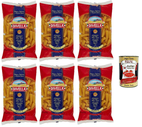 Italian Gourmet Kurze Pasta Divella Pasta 100% Italienisch Rigatoni N° 17, Nudeln aus Hartweizengrieß, Kochen 9 Minuten 6x 500g + Italian Gourmet polpa 400g 8032804040014