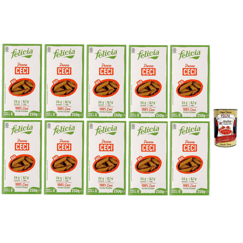 Felicia, Penne ai Ceci, Kichererbsen Penne, Pasta reich an Proteinen, Ballaststoffen und Mineralsalzen, reich an Phosphor, Eisen und Zink, glutenfrei, vegan
