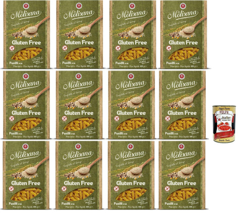 Italian Gourmet Kurze Pasta La Molisana, Fusilli n. 28 Senza Glutine, Nudeln Gluten -freie Pasta und Bronzezeichnung mit Vollreis, Mais und Quinoa, Kochzeit 10 Minuten, 12x 400 g + Italian Gourmet polpa 400g 8032804040014