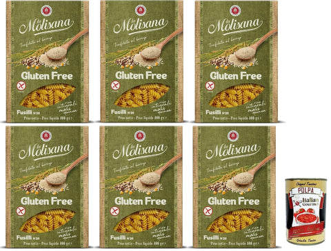 Italian Gourmet Kurze Pasta La Molisana, Fusilli n. 28 Senza Glutine, Nudeln Gluten -freie Pasta und Bronzezeichnung mit Vollreis, Mais und Quinoa, Kochzeit 10 Minuten, 6x 400 g + Italian Gourmet polpa 400g 8032804040014