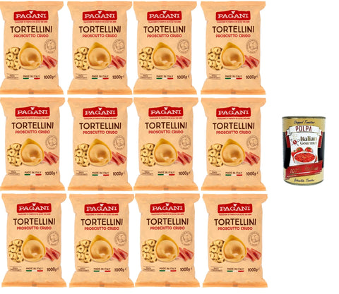 Italian Gourmet Kurze Pasta Pagani Pasta all' Uovo Tortellini con Prosciutto Crudo, Eiernudeln mit Parma ham, Pasta mit Ei 12x1kg + Italian Gourmet polpa 400g 8032804040014