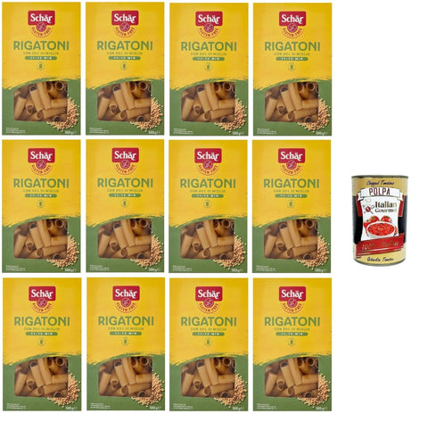 Italian Gourmet Kurze Pasta SCHÄR Senza Glutine Rigatoni Glutenfrei Pasta mit 20% Hirse, gluten free pasta, 12x 500g + Italian Gourmet polpa 400g 8032804040014