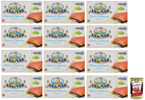 Italian Gourmet Lachs 12x AS do MAR Filetto di Salmone al Naurale,Natürliches Lachsfilet,Reich an Omega 3,Dose 150g + Italian Gourmet Polpa di Pomodoro 400g Dose 8003294537018