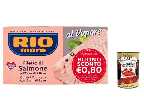 Rio Mare Gedämpftes Lachsfilet mit Olivenöl und Pfefferkörnern geräucherter Geschmack 125 g 6x italienisch Original Pastasauce + gratis polpa 400 g