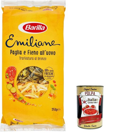 Italian Gourmet Längliche Pasta 12x Barilla Pasta all' Uovo Le Emiliane Paglia e Fieno, Eiernudeln, Pasta mit Ei 250g + Italian Gourmet polpa 400g 8076809514750