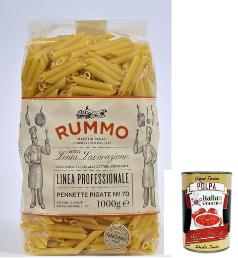 Italian Gourmet Längliche Pasta 8x Rummo Pennette rigate N. 70 Hartweizengrieß Pasta Italienische Nudeln 1kg Packung + Italian Gourmet Polpa di Pomodoro 400g Dose 8008343230704