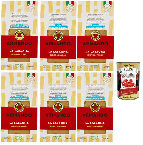 Italian Gourmet Längliche Pasta Armando, La Lasagna, Pasta di Semola di Grano Duro di Filiera 100% ItalianoDurumweizen -Grießnudel 100% italienische Lieferkette - Bronze durchbohrt, 6x 500 g + Italian Gourmet polpa 400g 8032804040014