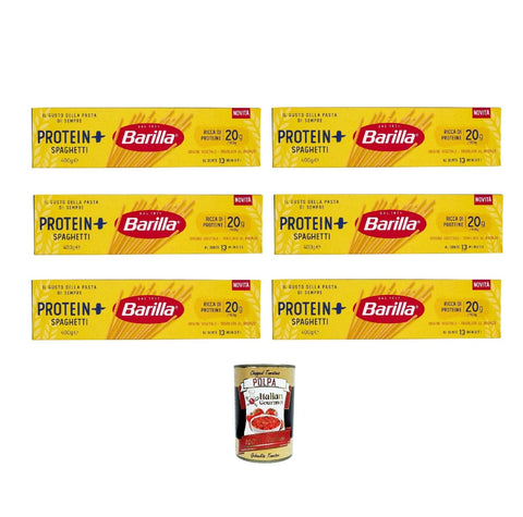 Italian Gourmet Längliche Pasta Barilla Protein+ Spaghetti 400gr, Pasta reich an pflanzlichem Protein, 6x 400 g + Italian Gourmet polpa 400gr 8032804040014