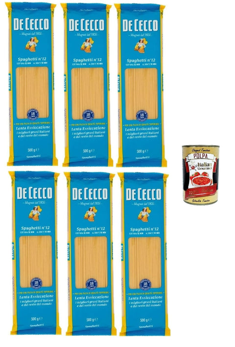 Italian Gourmet Längliche Pasta De Cecco Spaghetti Nr. 12, Italienische Hartweizenpasta, 6 x 500 g Packungen, + Italian Gourmet polpa 400g