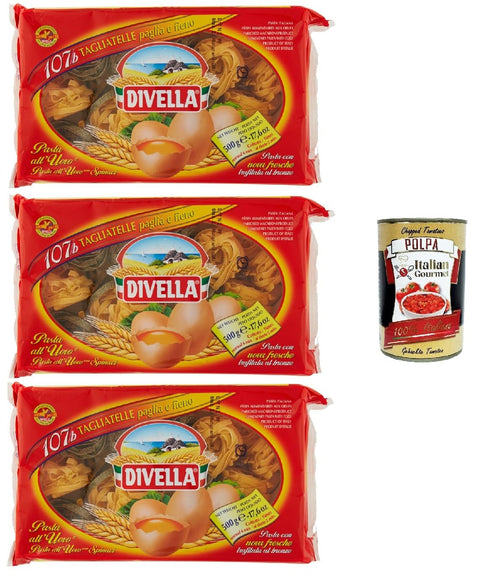 Italian Gourmet Längliche Pasta Divella 107/b Tagliatelle Paglia e Fieno, Authentische italienische Pasta, Eiernudeln – Die köstlichsten Tagliatelle zum Teilen mit der Familie -3x 500 g + Italian Gourmet polpa 400g 8032804040014