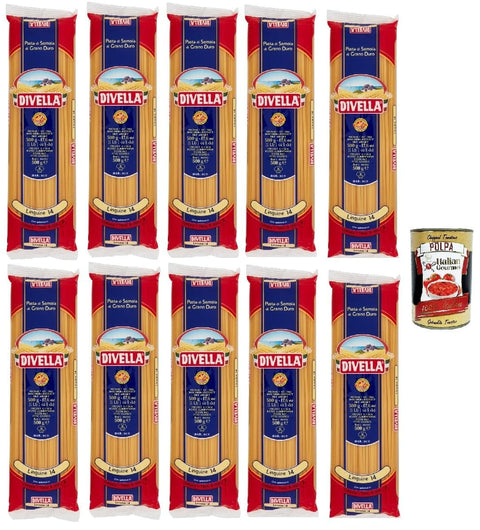 Italian Gourmet Längliche Pasta Divella Pasta 100% Italienisch Linguine N° 14, Nudeln aus Hartweizengrieß, Kochen 8 Minuten 10x 500g + Italian Gourmet polpa 400g 8032804040014