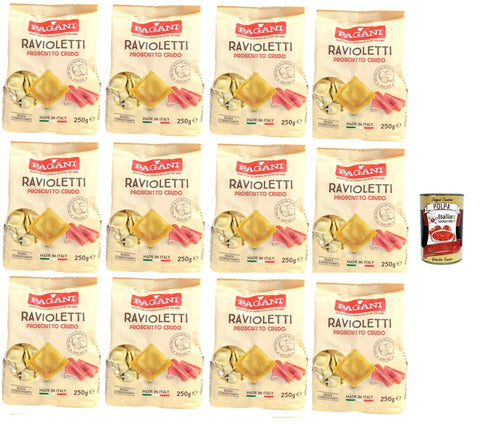 Italian Gourmet Längliche Pasta Pagani Ravioletti Prosciutto Crudo, Eiernudeln Pasta mit gehärtetem Schinken gefüllt, 12x 250g + Italian Gourmet polpa 400g 8032804040014