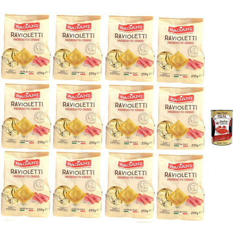 Pagani Ravioletti Prosciutto Crudo Eiernudeln Pasta mit gehärtetem Schinken gefüllt 12x250 g italienisch Original + kostenlos polpa 400 g