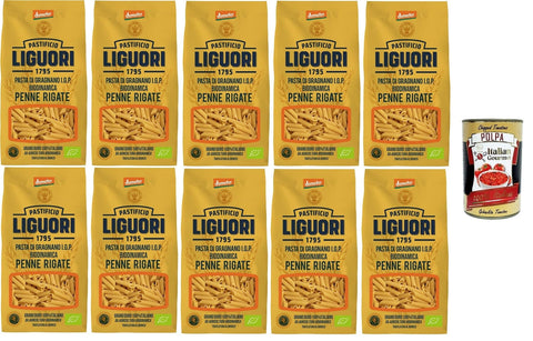 Italian Gourmet Längliche Pasta Pastificio Liguori, Pasta di Gragnano IGP Biodinamica, Penne Rigate Biodynamische Gragnano-Pasta mit IGP 10x400gr + Italian Gourmet polpa 400g 8032804040014
