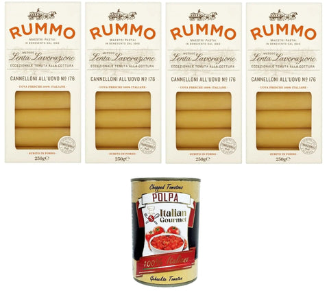 Italian Gourmet Längliche Pasta Rummo Cannelloni All'uovo Eier-Cannelloni N°176 langsame Verarbeitungsmethode, außergewöhnliche Kochbeständigkeit 4x250gr + Italian Gourmet polpa 400g 8032804040014