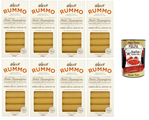 Italian Gourmet Längliche Pasta Rummo Cannelloni All'uovo Eier-Cannelloni N°176 langsame Verarbeitungsmethode, außergewöhnliche Kochbeständigkeit 8x250gr + Italian Gourmet polpa 400g 8032804040014
