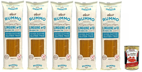 Italian Gourmet Längliche Pasta Rummo Pasta Nudeln Glutenfreie Linguine, Bronze Gezeichnete gluteinfrei, perfekt für Menschen mit Zöliakie oder Glutenunverträglichkeit, 5x 400 g + Italian Gourmet polpa 400g 8032804040014