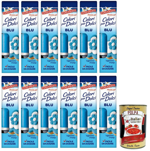 Paneangeli Colori per Dolci Blu Blauer Gel Farbstoff Tube 10 g 12x italienisch Original Pastasauce + gratis Polpa di Pomodoro 400 g Dose