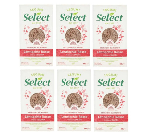 Italian Gourmet Linsenbohnen 6x MHD 30/04/2026 Select Lenticchie Rosse Coltivate in Canada, Rote Linsen, In Kanada gewachsen, Hülsenfrüchte Papier Verpackung, 400g 8032804040014