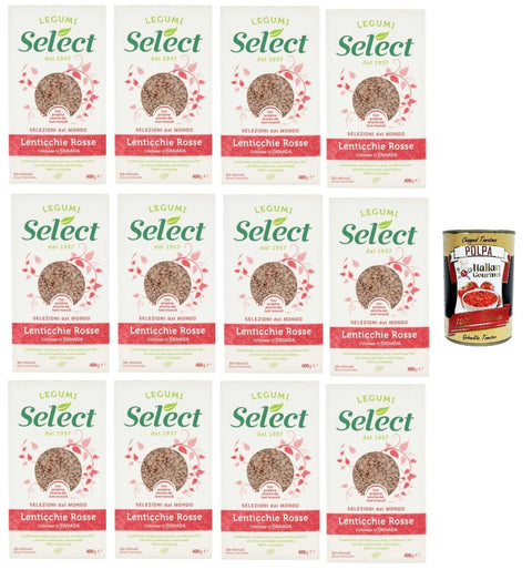 Italian Gourmet Linsenbohnen Select Lenticchie Rosse Coltivate in Canada, Rote Linsen, In Kanada gewachsen, Hülsenfrüchte Papier Verpackung, 12x 400g + Italian Gourmet polpa 400g 8032804040014