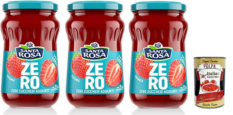 Italian Gourmet Marmeladen & Konfitüren Santa Rosa, Zero Erdbeeren Marmelade, leichte und nahrhafte Freude, ideal zum Frühstück oder Snack, reich an Geschmack und ohne zugesetzten Zucker, 3x 300 g + Italian Gourmet polpa 400g 8032804040014