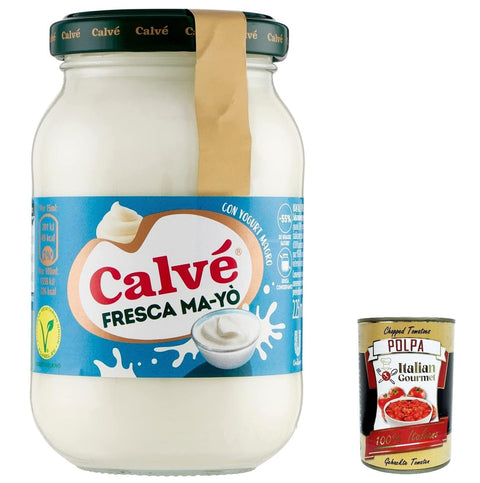 Italian Gourmet Mayonnaise 12x Calvé Maionese Fresca Ma-Yò mit fettarmem Joghurt und 55 % weniger Fett*, ideal für Reissalate, kalte Kartoffeln und große Salate, ohne Konservierungsstoffe, 225 ml + Italian Gourmet polpa 400g 8722700619352
