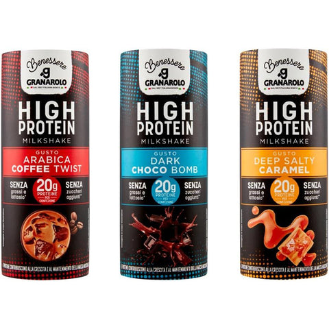 Granarolo Testpaket Hig Protein Milchshake Deep Salty Caramel Arabica Coffee Twist Dark Choco Bomb 4x235ml Original italienisch Milchshakes