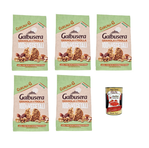 Italian Gourmet Müsli Galbusera Cereali G Granola e Frolla 100% Vegetali Avena, noci, mandorle e nocciole 280g, 100% pflanzliche Kekse mit Hafer, Pekannüssen, Mandeln und Haselnüssen 5x280g + Italian Gourmet polpa 400gr 8032804040014