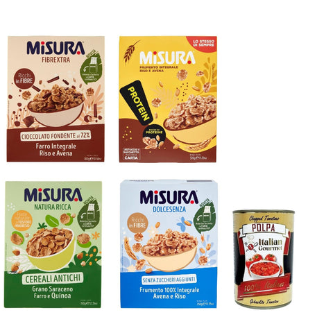 Misura Cereali Testpaket, Müsli Fibraextra, Protein, Natura Ricca, Dolcesenza, Vollkornschild, Reis und Vollkorn, 4x 300 g italienisch Original