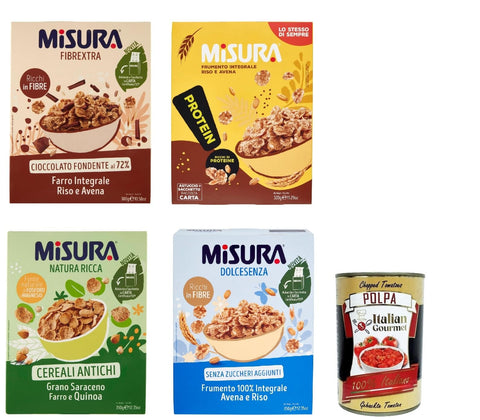 Italian Gourmet Müsli Misura Cereali Testpaket, Müsli Fibraextra, Protein, Natura Ricca, Dolcesenza, Vollkornschild, Reis und Vollkorn, 4x 300g + Italian Gourmet polpa 400g 8002590071028