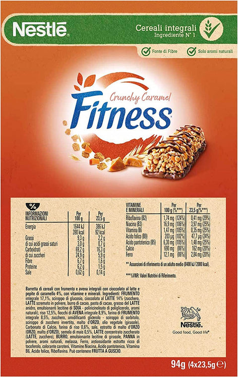 Italian Gourmet Müsliriegel 8x Nestlé Fitness Crunchy Caramel Müsliriegel Vollkornriegel mit Schokolade und Knuspriges Karamell ( 4 x 23,5g ) 94g 5900020024923