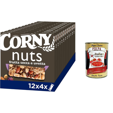Corny Nuts Müsliriegel, Trockenfrüchte und Rosinen, ohne Palmöl, ohne Konservierungsstoffe, ohne Farbstoffe 12x96 gr italienisch Original