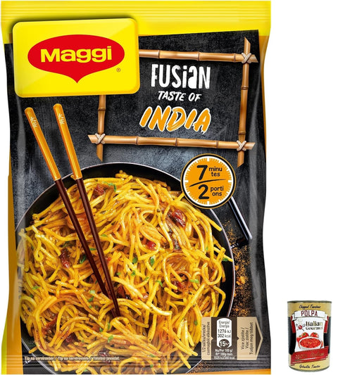 Italian Gourmet Nudelgerichte 12x MAGGI Fusian Taste of India Instantnudeln mit Gewürzen (2 Portionen) 118gr+ Italian Gourmet polpa 400g 8585002442581
