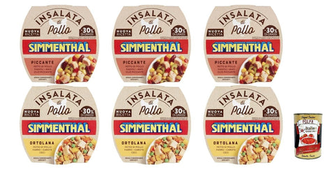 Italian Gourmet Nudelgerichte Simmenthal Insalata di Pollo, Piccante & Ortolana Varianten, 6er Pack, 160g pro Packung, Italienische Hühnersalat-Spezialitäten, + Italian Gourmet polpa 400g