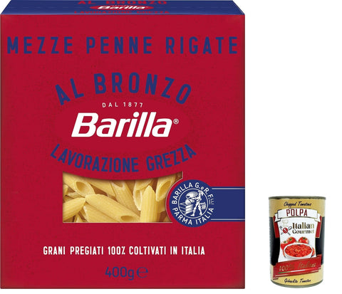 Italian Gourmet Nudeln & Pasta 10x Barilla Mezze Penne Rigate al Bronzo Bronze Gezogene Pasta 400g Rohe Verarbeitungsmethode + Italian Gourmet polpa 400g 8076809580915