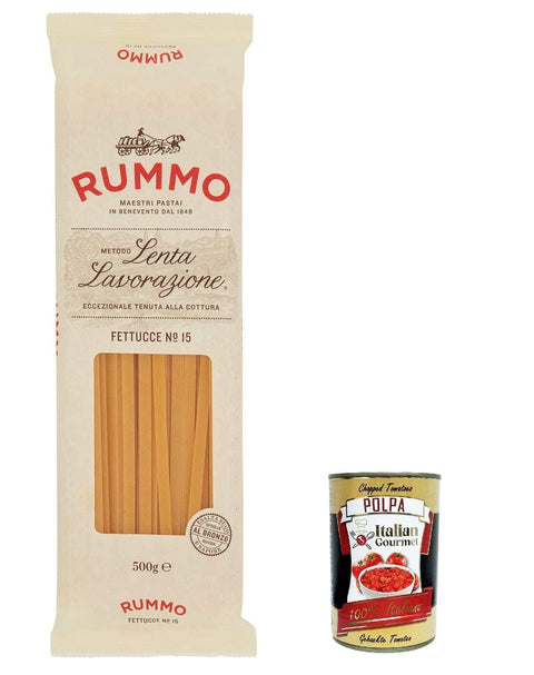 Italian Gourmet Nudeln & Pasta 10x Rummo Fettucce n.15 Pasta Lenta Lavorazione Teigwaren aus Hartweizengrieß Bronze-Zeichnung 500g + Italian Gourmet polpa 400g 8008343200158