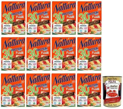 Italian Gourmet Nudeln & Pasta 12x Náttúra Protein Sport Pasta Fusilli aus Biologischem Anbau,reich an Proteinen,Packung mit 250g + Italian Gourmet Polpa di Pomodoro 400g Dose 8032804040014