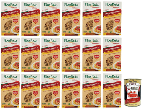 Italian Gourmet Nudeln & Pasta 18x FiberPasta Penne Hartweizengrieß Pasta mit 15% Ballaststoffen,niedriger glykämischer Index,100% Italienischer Weizen,250g + Italian Gourmet Polpa di Pomodoro 400g Dose 8008647000300