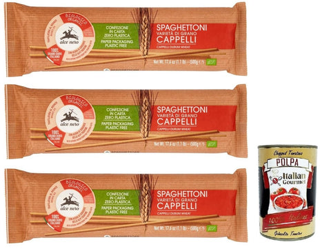 Italian Gourmet Nudeln & Pasta 3x Alce Nero Pasta Spaghettoni,Bio-Hartweizen Nudeln,Mit Bio-Cappelli-Hartweizen,Angebaut in Italien,Packung mit 500g + Italian Gourmet Polpa di Pomodoro 400g Dose 8009004809659