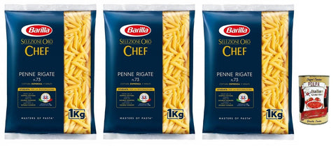 Italian Gourmet Nudeln & Pasta 3x Barilla Selezione Oro Chef Penne Rigate n.73,Hartweizengrieß Pasta,100% italienisches Getreide,Packung mit 1kg +Italian Gourmet Polpa di Pomodoro 400g Dose 8076809528047