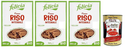 Italian Gourmet Nudeln & Pasta 3x Felicia Penne di Riso Integrale,Pasta mit 100 % braunem Reis aus der italienischen Lieferkette,Bio und Natürlich Glutenfrei,Packung mit 340g + Italian Gourmet Polpa di Pomodoro 400g Dose 8032804432031
