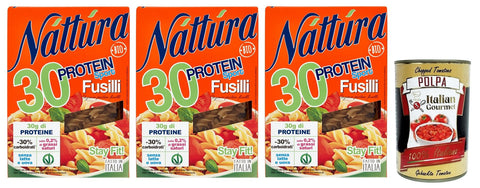 Italian Gourmet Nudeln & Pasta 3x Náttúra Protein Sport Pasta Fusilli aus Biologischem Anbau,reich an Proteinen,Packung mit 250g + Italian Gourmet Polpa di Pomodoro 400g Dose 8032804040014