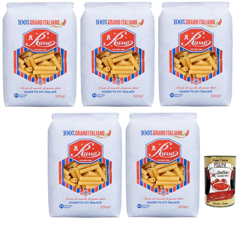 Italian Gourmet Nudeln & Pasta 5x Russo Sigarette Ziti Tagliate N°125 Hartweizengrieß Pasta,100% Italienischer Weizen,500g-Packung + Italian Gourmet Polpa di Pomodoro 400g Dose 8000139922589