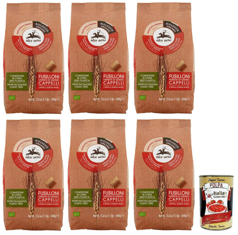 Italian Gourmet Nudeln & Pasta 6x Alce Nero Pasta Fusilloni,Bio-Hartweizen Nudeln,Mit Bio-Cappelli-Hartweizen,Angebaut in Italien,Packung mit 500g + Italian Gourmet Polpa di Pomodoro 400g Dose 8009004809635